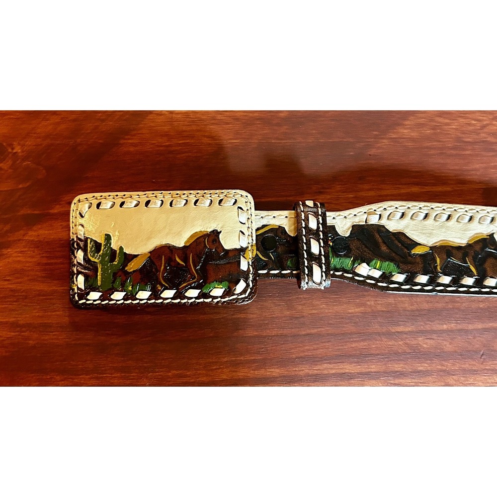 Sheyenne Mena Arkansas Handmade Leather Belt Size 26 Horses Cactus Brown VTG - Picture 3 of 9
